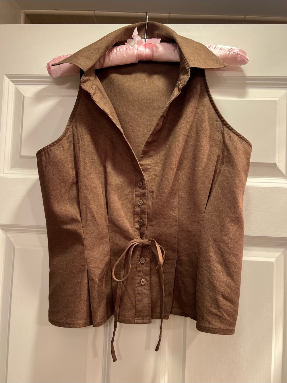 LOFT Brown Sleeveless Button-Front Collared Top with Waist Tie